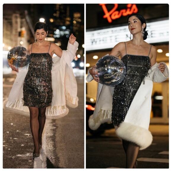 Alice + Olivia Chicago Sequin Fringe Mini Dress Gunmetal Silver/Gray Size US 4 - Picture 6 of 11